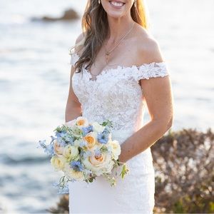 Essense of Australia Romantic off-shoulder Wedding Dress with Scalloped Train.